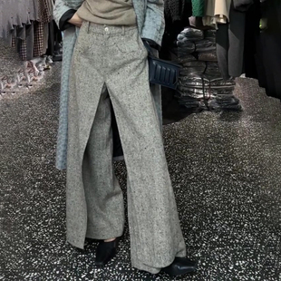 阔腿裤 灰色大码 独特小众设计爆款 女2025秋冬新款 子 高腰直筒毛呢裤