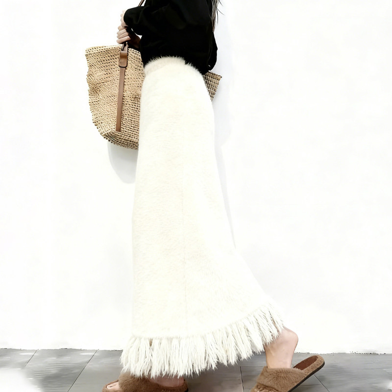 高端定制白色流苏边大码半身裙女