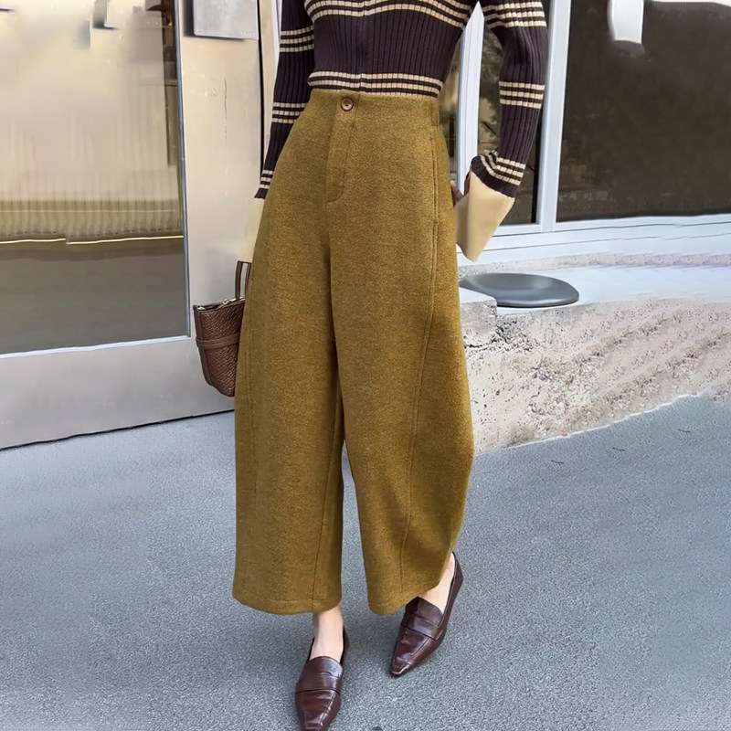 欧货高端定制姜黄色毛呢大码阔腿裤女2025冬季新款加厚休闲香蕉裤,女装/女士精品,大码裤装,淘宝优惠券,粉丝福利购,淘宝优惠卷
