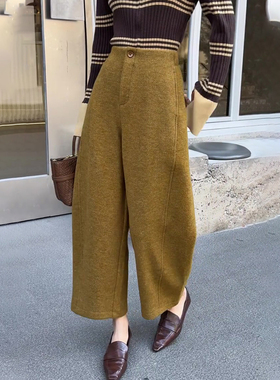 欧货高端定制姜黄色毛呢大码阔腿裤女2025冬季新款加厚休闲香蕉裤