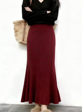 欧货高端定制深红色针织大码半身裙女2025冬季新款加厚轻熟鱼尾裙