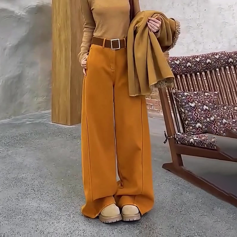 欧货高端定制南瓜色灯芯绒大码阔腿裤女2025秋冬新款加厚休闲裤子