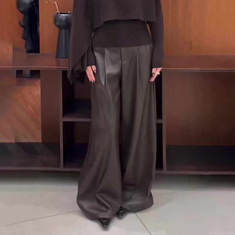 欧货高端定制棕色大码阔腿皮裤女