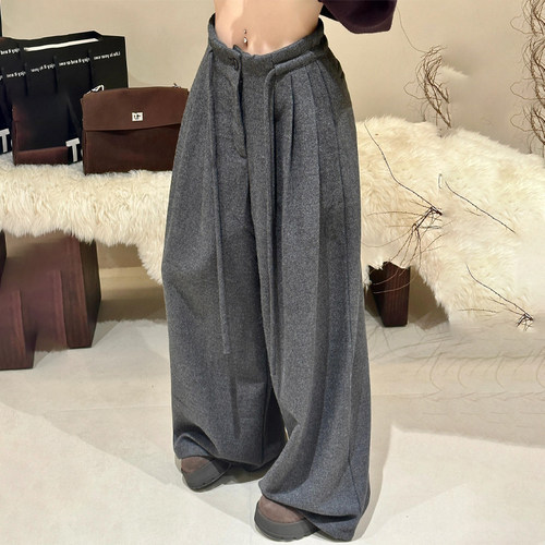 深灰色大码毛呢宽松阔腿裤女