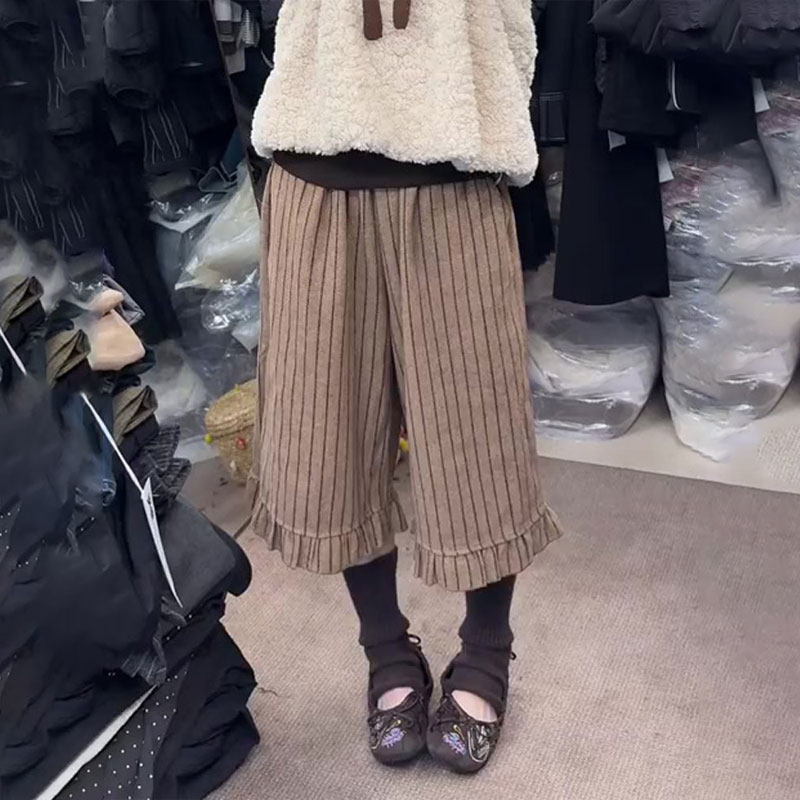 定制卡其色条纹花边大码阔腿裤女