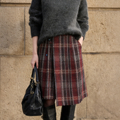 新款 欧货高端定制深红色格纹大码 半身裙女2025冬季 加厚轻熟A字裙