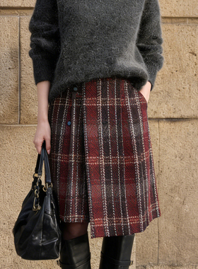 欧货高端定制深红色格纹大码半身裙女2025冬季新款加厚轻熟A字裙