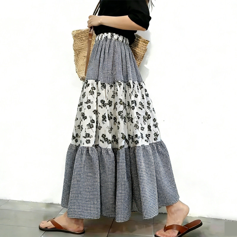 欧货高端定制蓝白格纹棉麻大码半身裙女2026早春新款减龄大摆裙子,女装/女士精品,大码半身裙,淘宝优惠券,粉丝福利购,淘宝优惠卷