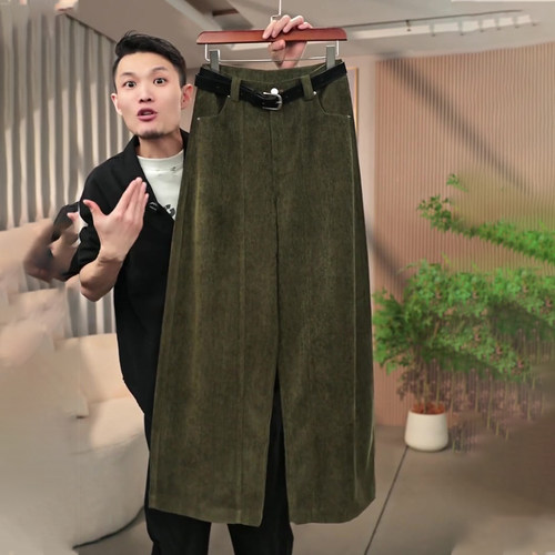 高端定制橄榄绿色灯芯绒弯刀裤女