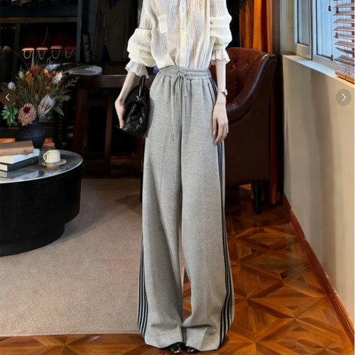 高端定制灰色条纹大码阔腿卫裤女