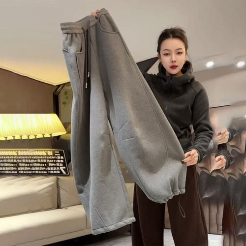 高端定制灰色毛呢大码阔腿卫裤女