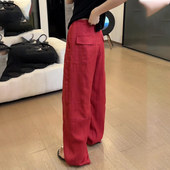 欧货红色休闲亚麻阔腿裤 子 通勤潮流直筒裤 女2025秋季 显瘦百搭时尚