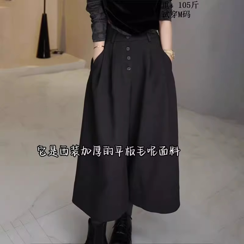 欧货高端定制黑色大码褶皱毛呢阔腿裤女2025秋冬新款加厚休闲裤子