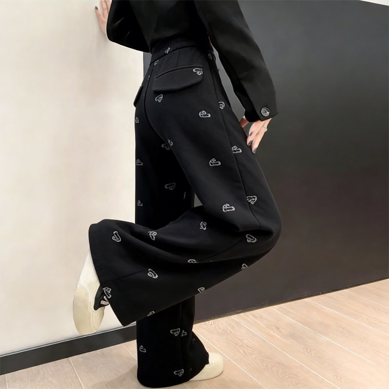 欧货高端定制黑色毛呢大码阔腿裤女2026早春新款纹案休闲直筒裤子,女装/女士精品,大码裤装,淘宝优惠券,粉丝福利购,淘宝优惠卷