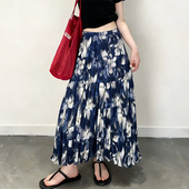 欧货高端定制藏青白花褶裥大码 半身裙女2026春夏新款 温柔风A字裙