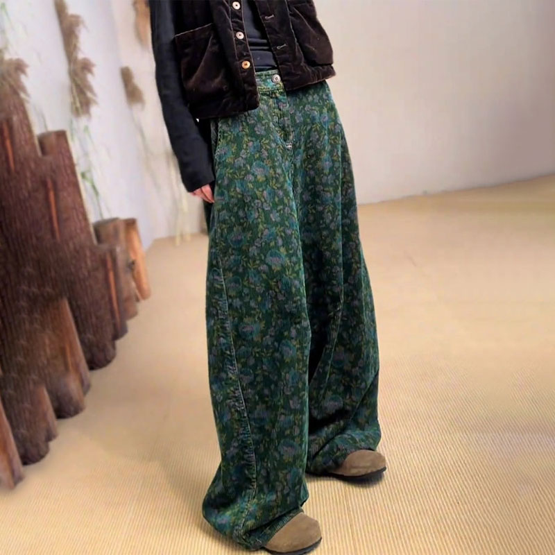 欧货高端定制绿色碎花棉麻大码阔腿裤女2025秋冬新款加厚休闲裤子