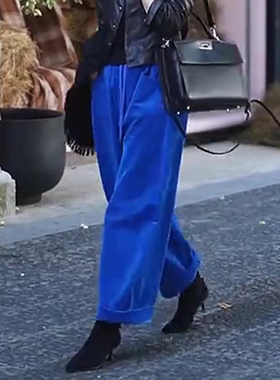 欧货高端定制宝蓝色灯芯绒大码阔腿裤女2025秋冬厚款复古休闲裤子