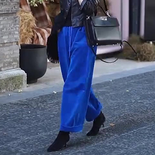 复古休闲裤 女2025秋冬厚款 子 阔腿裤 欧货高端定制宝蓝色灯芯绒大码