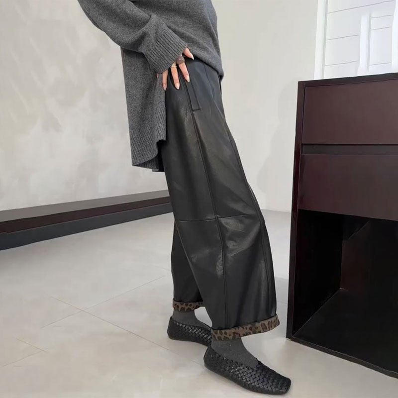 欧货高端定制黑色大码阔腿皮裤女2025冬季新款加厚高级慵懒休闲裤,女装/女士精品,大码裤装,淘宝优惠券,粉丝福利购,淘宝优惠卷
