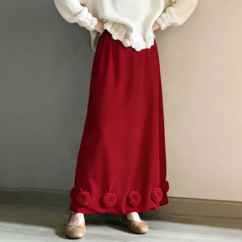 欧货高端定制红色立体玫瑰大码半身裙女2025冬季新款加厚A字长裙,女装/女士精品,大码半身裙,淘宝优惠券,粉丝福利购,淘宝优惠卷