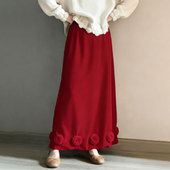 新款 欧货高端定制红色立体玫瑰大码 半身裙女2025冬季 加厚A字长裙