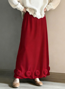 欧货高端定制红色立体玫瑰大码半身裙女2025冬季新款加厚A字长裙