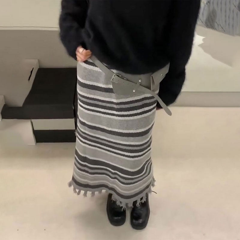 欧货高端定制灰色条纹流苏大码半身裙女2025冬季新款加厚A字裙子,女装/女士精品,大码半身裙,淘宝优惠券,粉丝福利购,淘宝优惠卷