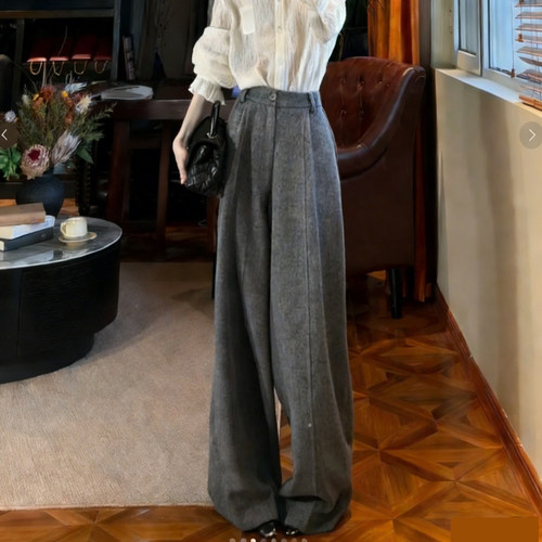 高端定制花灰色毛呢大码阔腿裤女