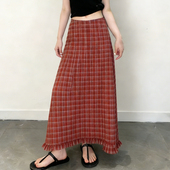 欧货高端定制红底白格纹毛边大码 半身裙女2026春夏新款 减龄A字裙