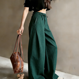 慵懒风休闲裤 女2026早春新款 子 阔腿裤 欧货高端定制墨绿色亚麻大码