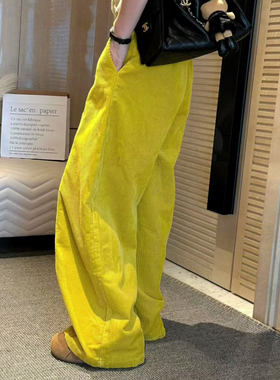 欧货高端定制黄色灯芯绒阔腿裤女2025冬季新款大码慵懒风休闲裤子