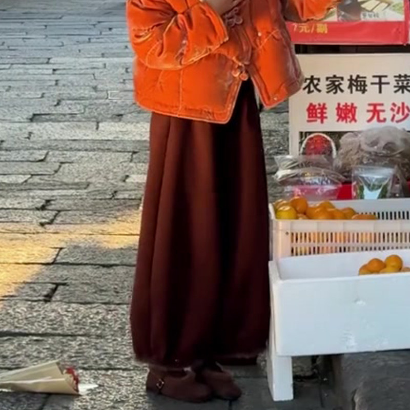 欧货高端定制红棕色毛呢大码阔腿裤女2025冬季新款加厚慵懒休闲裤,女装/女士精品,大码裤装,淘宝优惠券,粉丝福利购,淘宝优惠卷