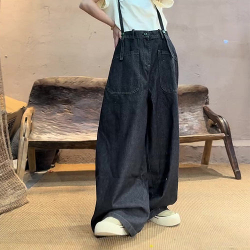 藏青色棉麻时尚吊带工装阔腿裤女