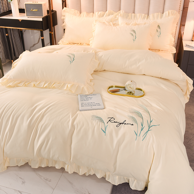 网红款米黄床裙四件套水洗棉被套公主风床上用品被单带床罩式床套