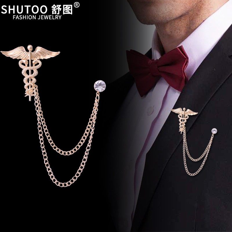 欧美个性复古双蛇杖胸针男士天使翅膀胸花医药古希腊医疗之神别针