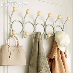免打孔铁艺木球双排钩墙上挂钩粘钩卧室客厅创意挂衣架门后挂衣钩