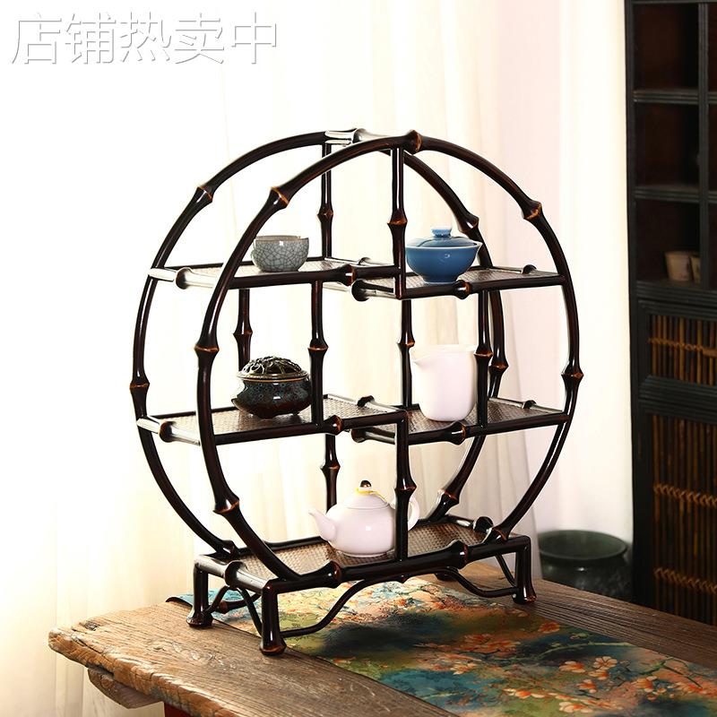 筇竹圆月茶架 圆形茶具博古架 小摆件收纳架 茶叶多宝阁竹展示架