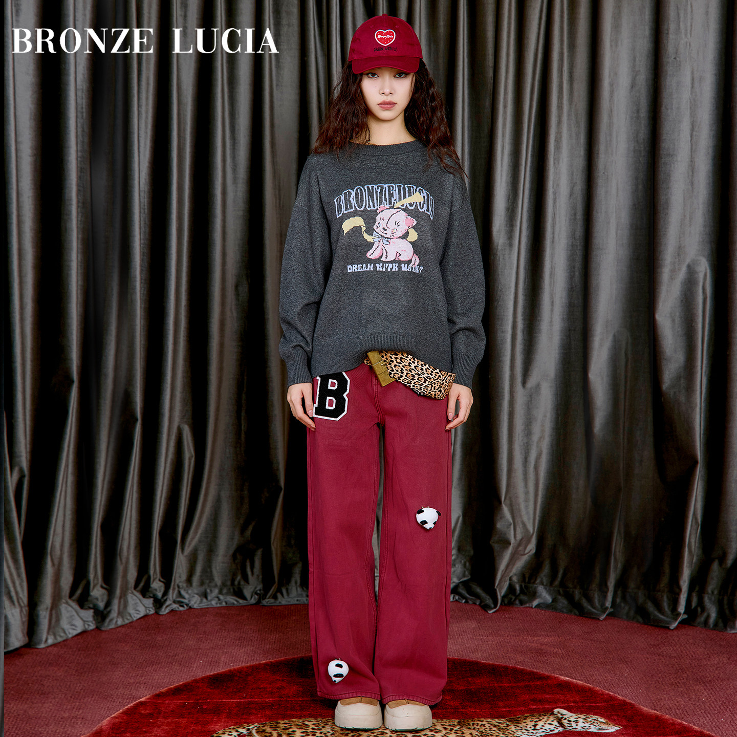 Bronze Lucia栗色萌熊加绒长裤原创设计感休闲裤直筒裤少女风裤子