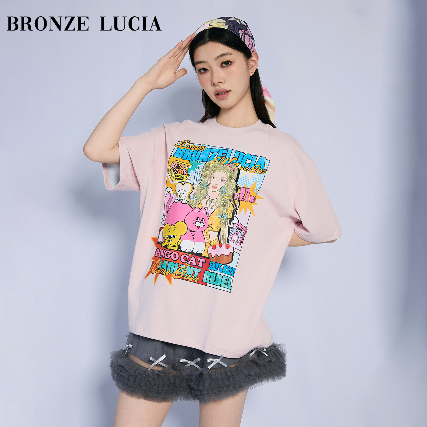 Bronze LuciaZIZONE联名 粉色短袖T恤原创设计师上衣学院风少女