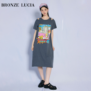 Bronze LuciaZIZONE联名 短袖T恤裙露肩连衣裙学院风少女裙子长款