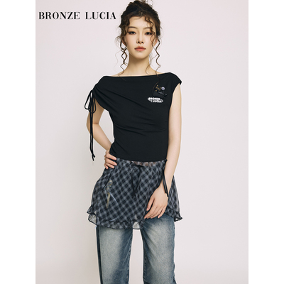 Bronze Lucia少女感黑灰格纹蝴蝶结拼接假两件T恤