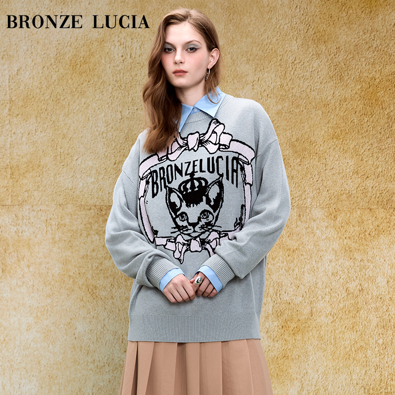 Bronze Lucia男女同款 24冬季新款灰色红蝴蝶结圆领毛衣针织衫潮
