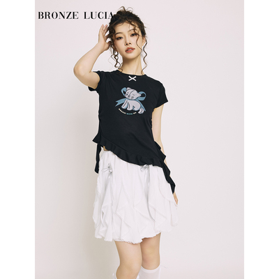 Bronze Lucia少女感卡通印花荷叶边不规则短袖T恤