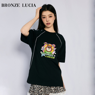Bronze Lucia熊出没联名 黑色短袖印花T恤原创设计上衣学院风少女