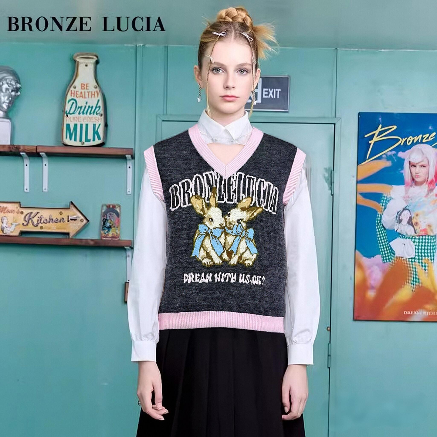 Bronze Lucia粉边双兔针织背心学院风少女印花针织衫上衣马甲秋冬