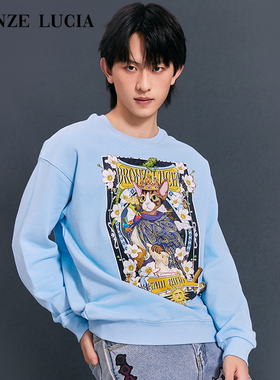 【陈添祥同款】Bronze Lucia国王猫圆领卫衣印花小众设计师手绘