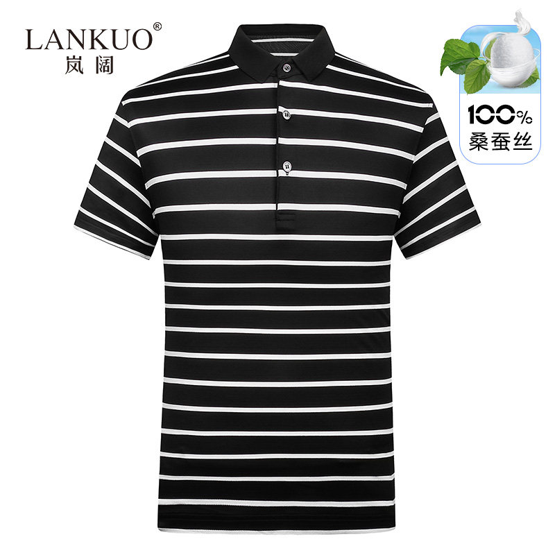 岚闊重磅30姆米100%桑蠶絲男士polo衫輕奢條紋純真絲綢鍛t恤短袖在類目 男裝, T恤中 - 來自Buy2taobao.com提供專業的淘寶代購服務