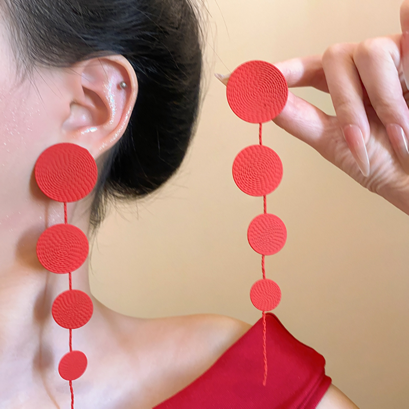 复古红色圆片流苏长款耳环
