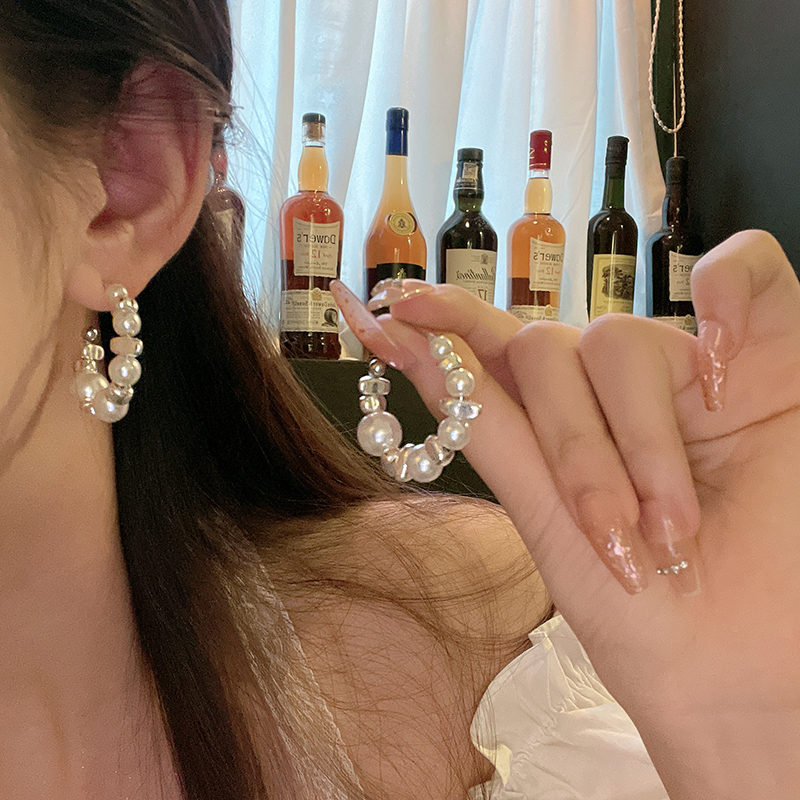 那片海碎银子C形珍珠耳环女