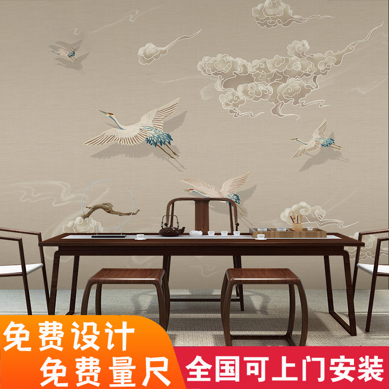 新中式电视背景墙壁纸祥云仙鹤意境定制壁画客厅书房茶室无缝墙纸
